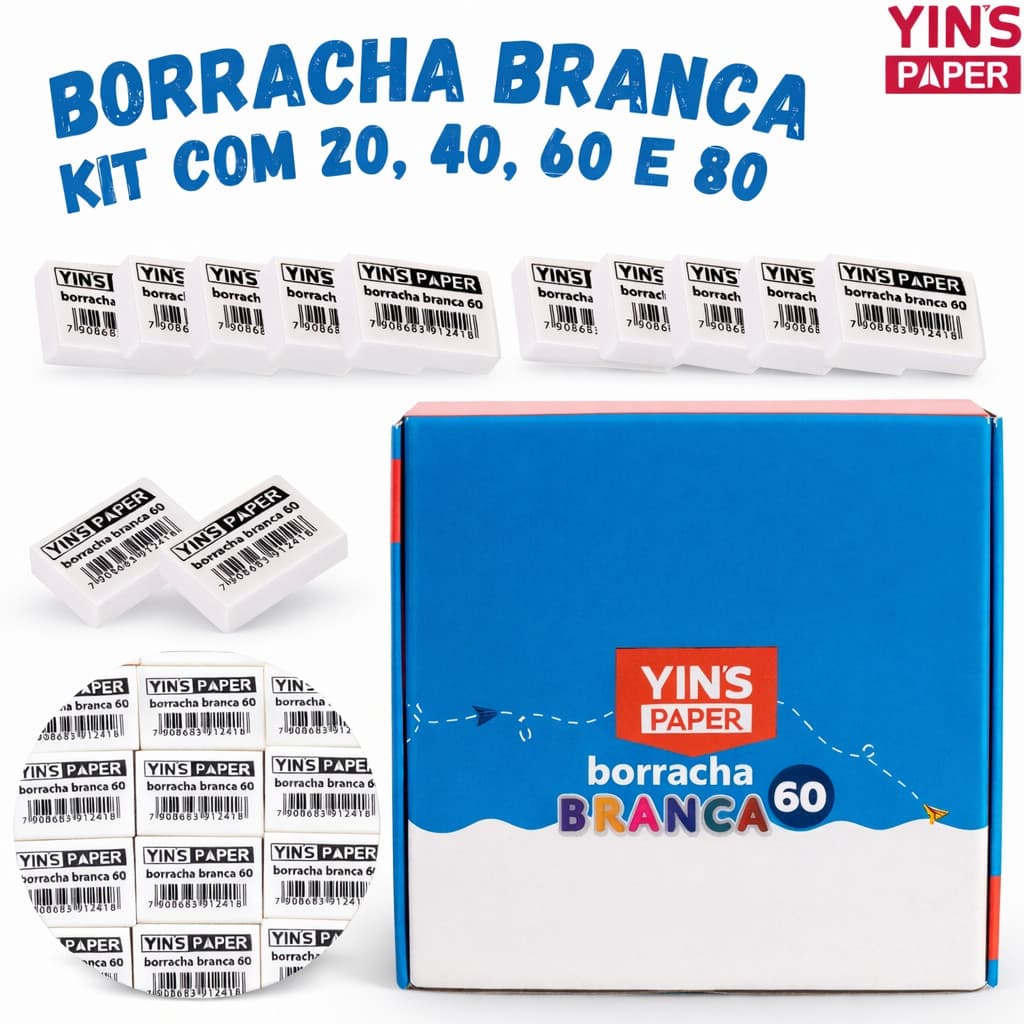 Kit Borracha 60 Yins 20 40 60 e 80 Unidades Apaga Fácil Escolar Escritório Estudante Papelaria Alta Qualidade