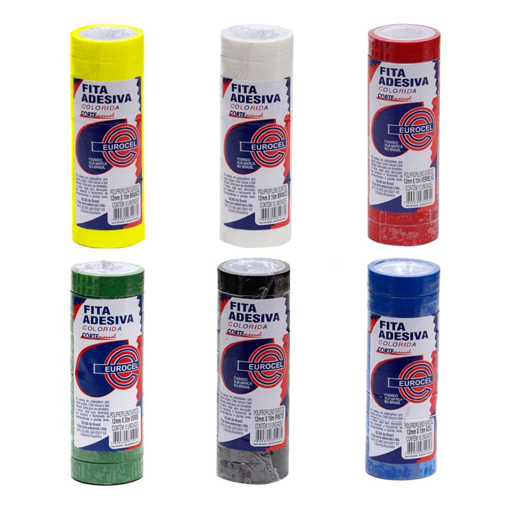 Fita Adesiva 12mmx10m Eurocel Durex Colorida C/10 Uso Escolar, Decoração e Artesanato