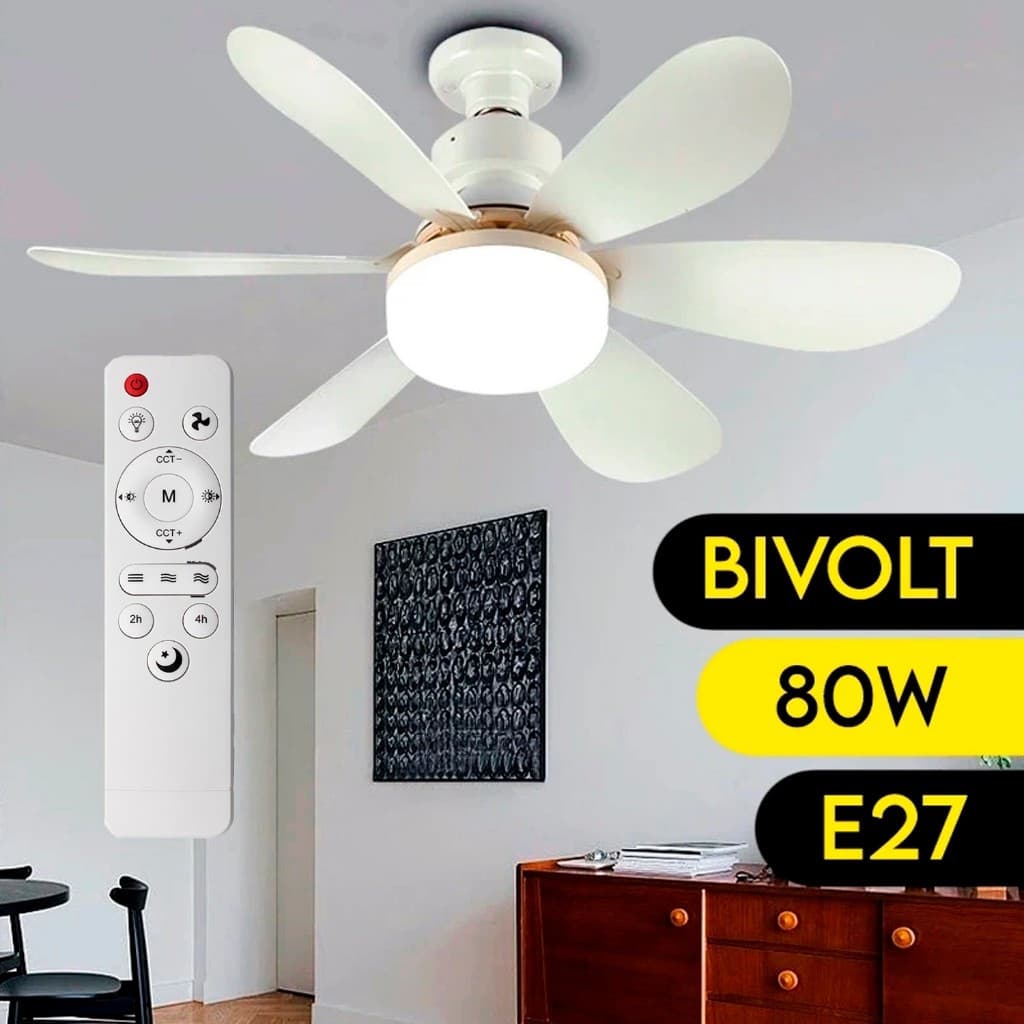 Ventilador de Teto com Lâmpada LED 80W 52CM, Super Silencioso, 6 Hélices, Bivolt