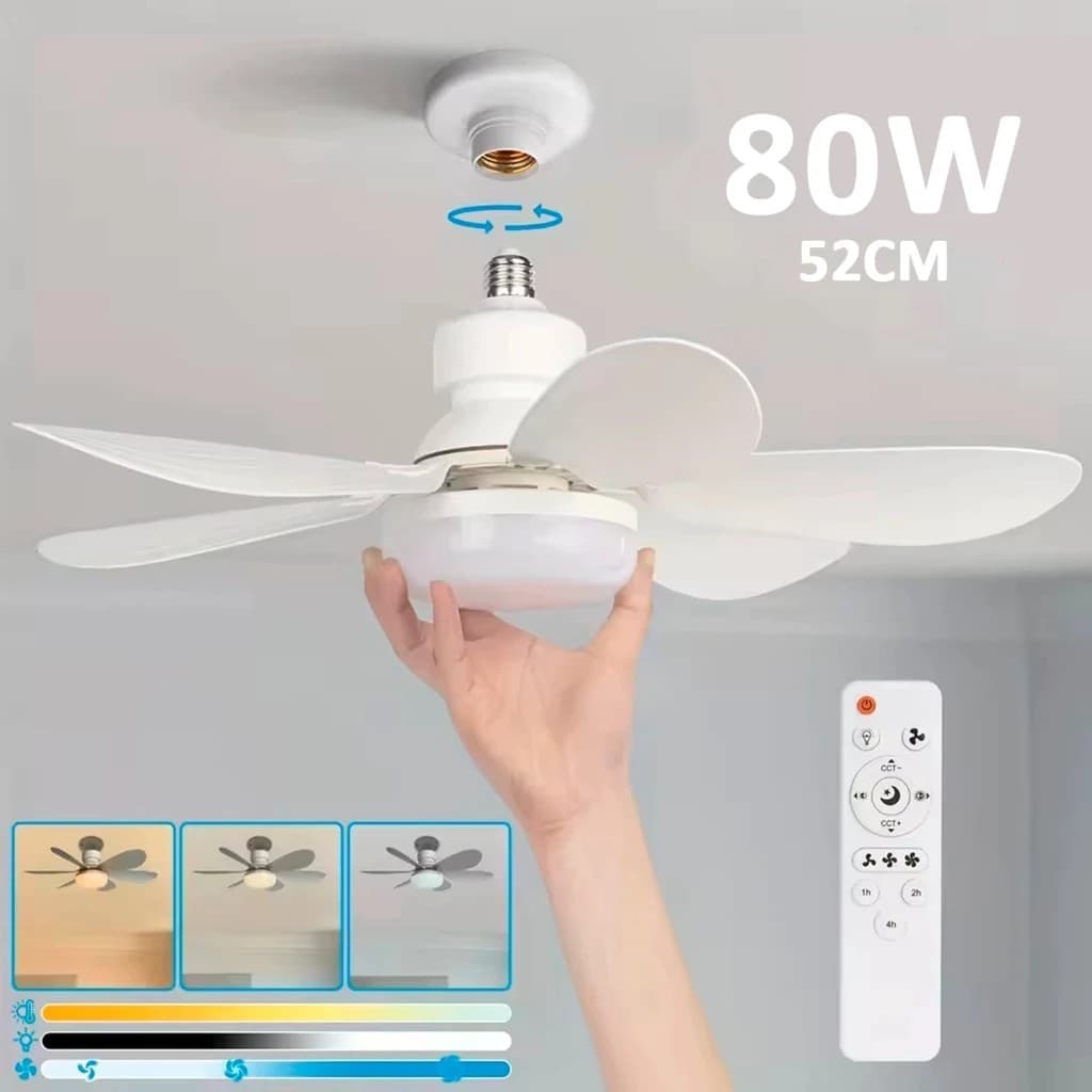 Ventilador de Teto 2 em 1 Controle Remoto 80W Lâmpada 3 Cores E27 Silencioso Bivolt