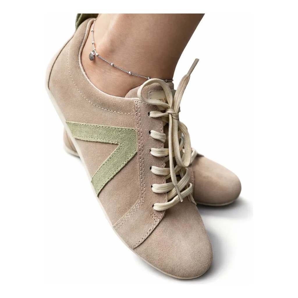 Tenis Andacco Camurca Bege Verde Lua Feminino Confortavel Lindo Macio Leve Versatil Atual Pratico Qualidade Luxo