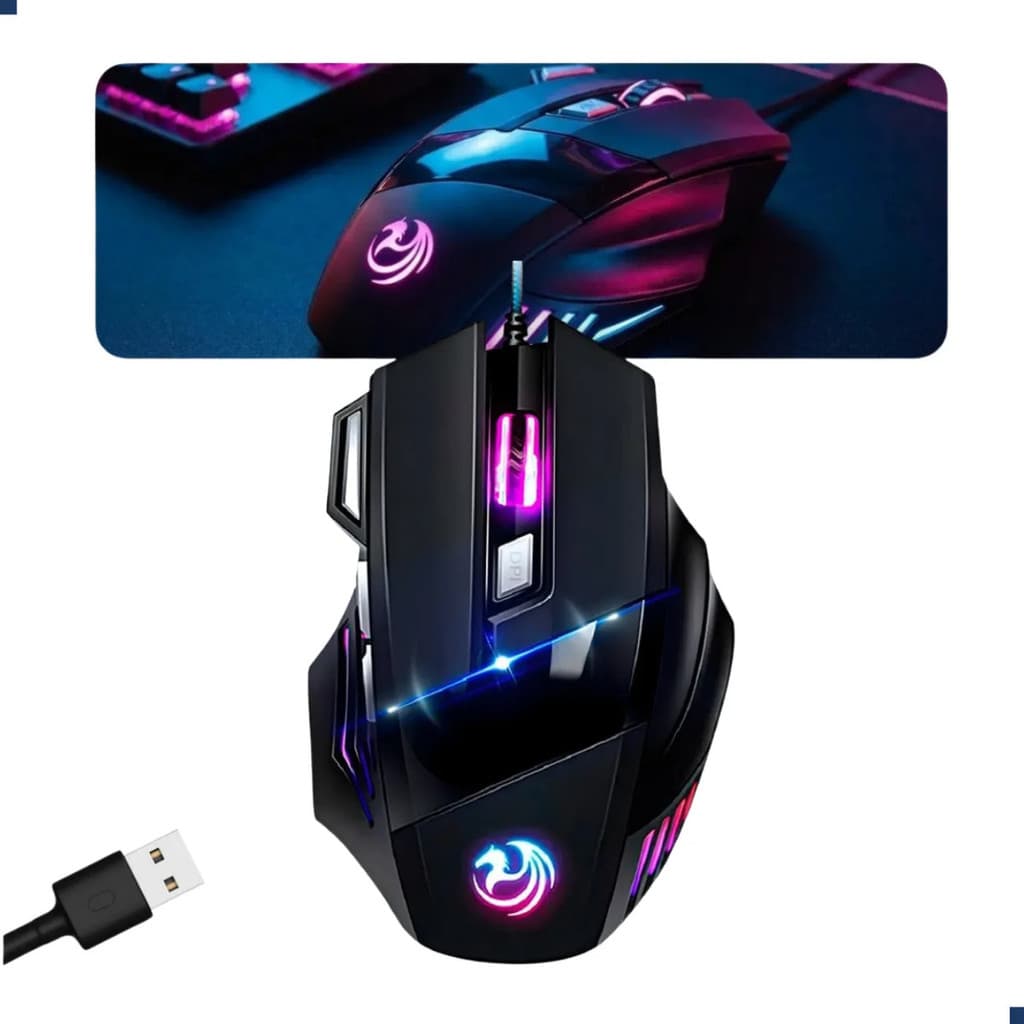 Mouse Gamer Preto Óptico 3200 Dpi Com Fio Led 7 Botões Usb