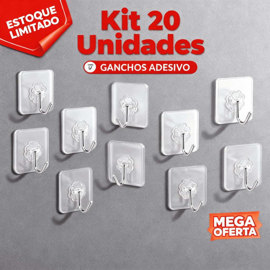 Kit 20 Ganchos Adesivos Multi Funcional Autocolante Casa Cozinha Quarto Banheiro Organizado Parede Transparente