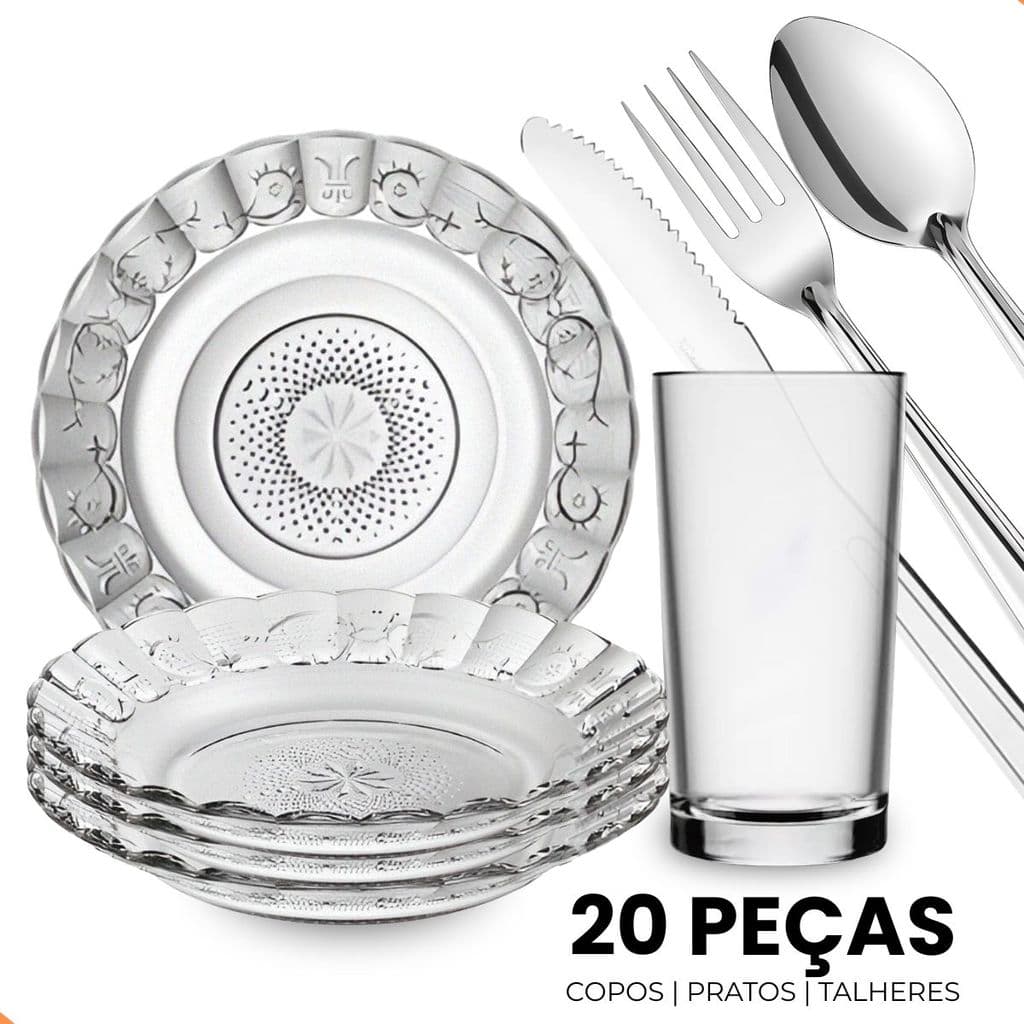 Aparelho de Jantar 20 Peças Mesa Posta com Pratos, Copos de Vidro e Talheres Inox