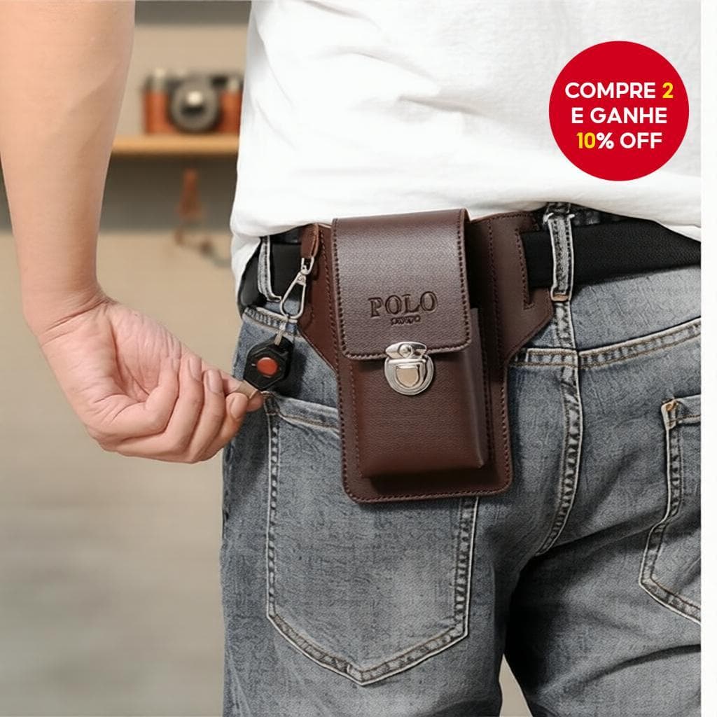  Cinto de couro vintage masculino com compartimento para celular, chaveiro e porta-cartões.