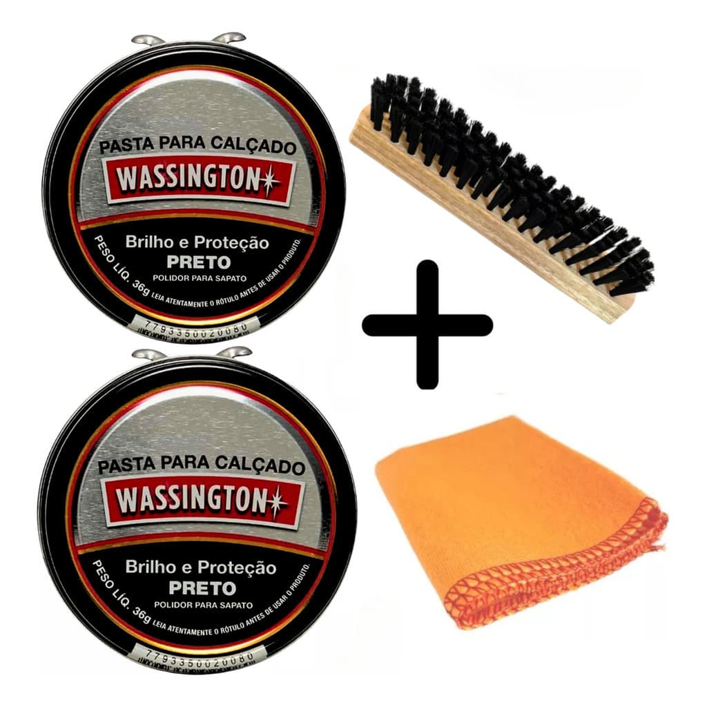 Kit 2 Graxas Cera Pasta Wassington 36g Preto Polidor Sapato 1 Escova 1 Flanela Cera