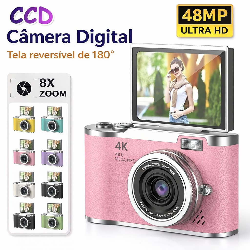 câmera digital com zoom 4k ccd 8x, adequada para fotografia estudantil, compacta de 48mp tela flip selfie de 180°