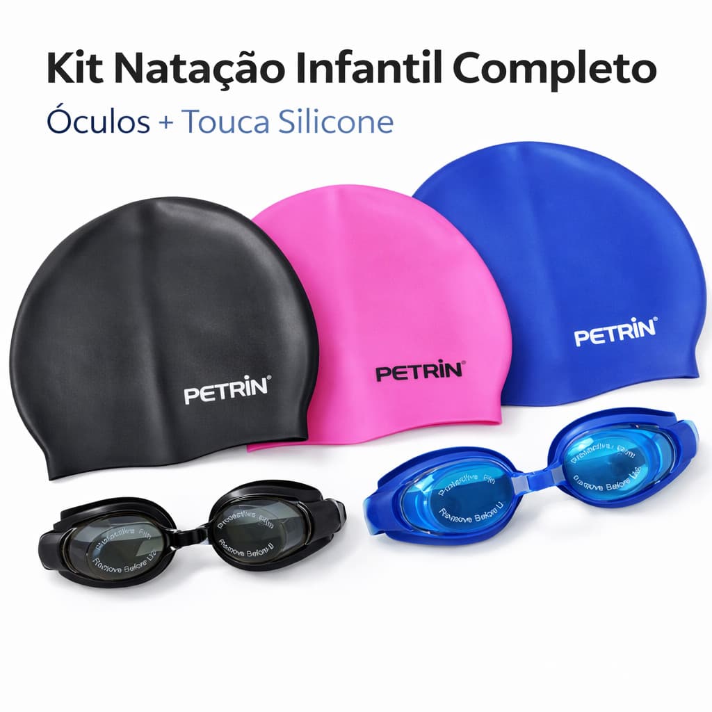 Kit Óculos de Natação Ajustável Infantil + Touca Silicone Mergulho Piscina Praia Criança Proteção UV