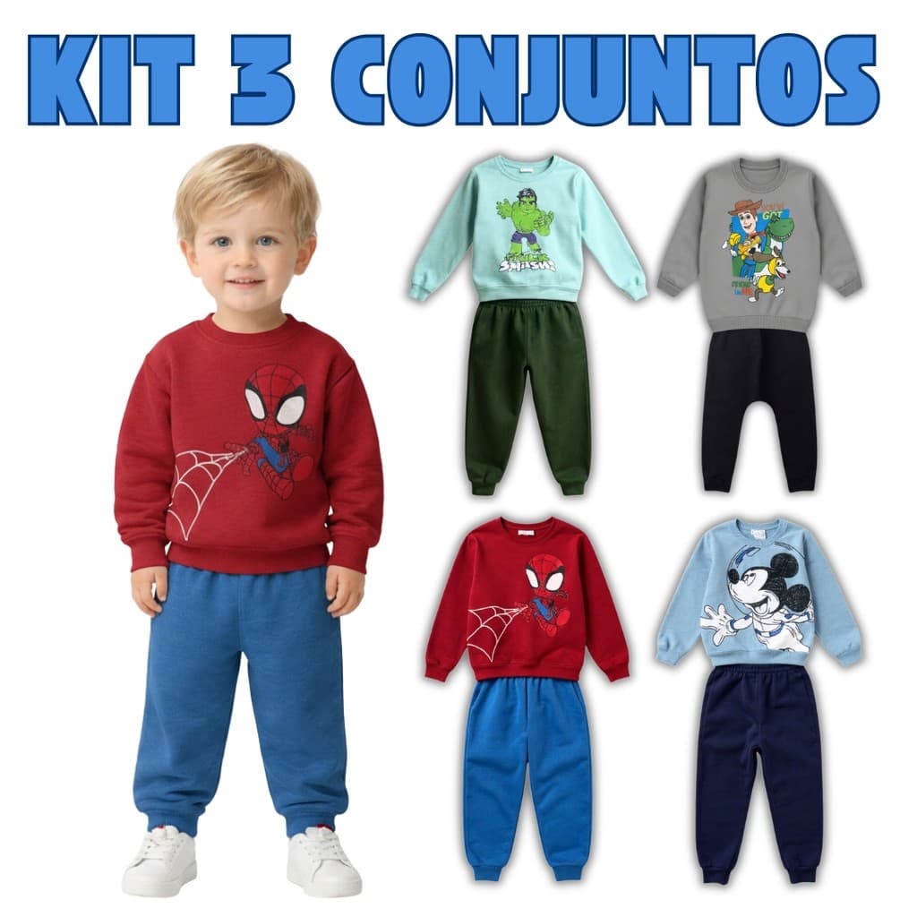 Kit 6 Peças Conjunto Moletom Infantil Menino Bebê P ao GG Masculino Frio Inverno Personagens Mickey Homem Aranha