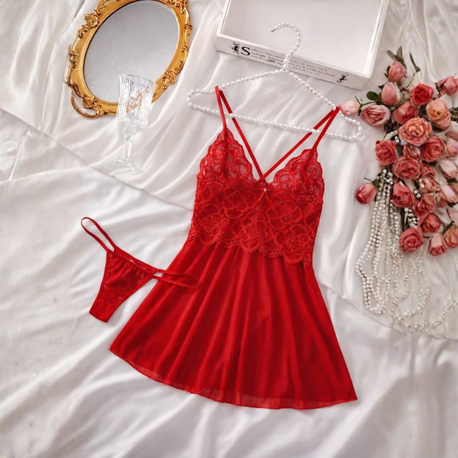 Camisola+Calcinha Tule Lingerie Feminina Renda Vestido Sem Bojo Confortavel Rendada