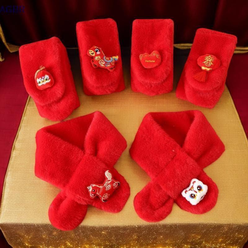 [AGBR] Cachecol Infantil Outono Inverno Estilo Chinês Animais Do Zodíaco Vermelho Desenho Animado Pônei Pelúcia Ne Cache
