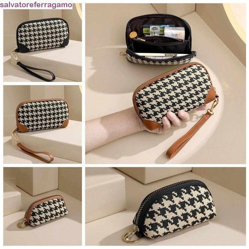 Carteira SALVATOREFERRAGAMO Estilo Longo , Bolsa De Lona De Couro Pu Com Zíper Houndstooth Para Chave De Carro