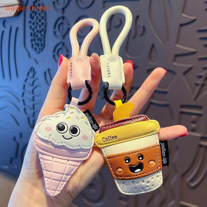 [baipestoner] 1 Peça Fofa Batatas Fritas Café Sorvete Casal Bolsa Pingente Criativo Desenho Animado Couro Lanches Chavei