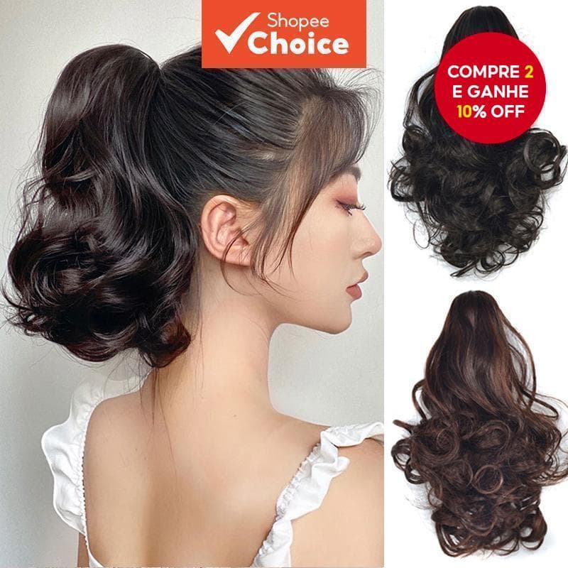 Extensão De Rabo De Cavalo Curto Encaracolado Sintético De 10 Polegadas Com Clipe De Garra Grande-Peruca Preta/Marrom