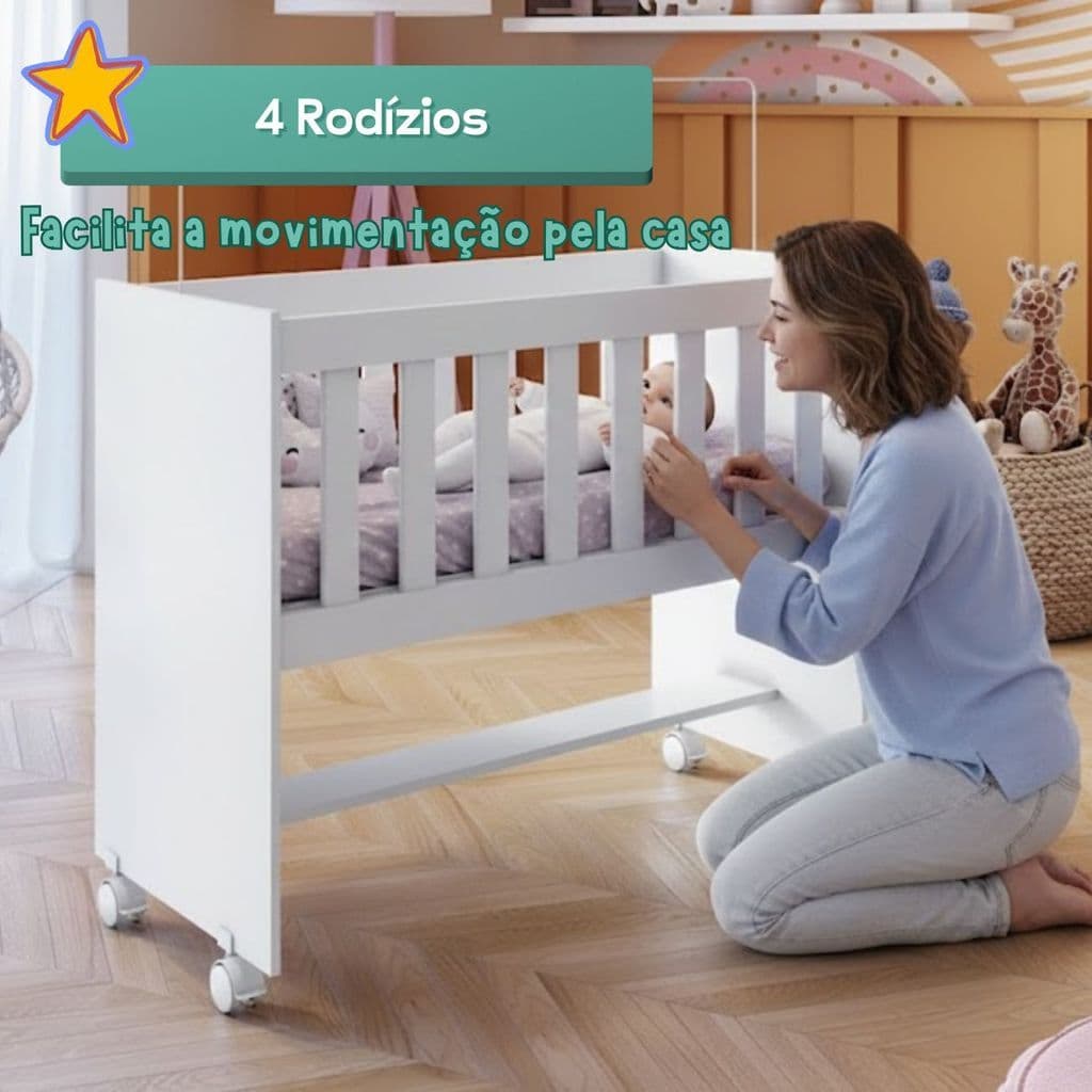 Berço Multifuncional Reno 3 em 1 com Colchão D18 e Rodízios Suporte Mosqueteiro Inmetro Quarto Bebe