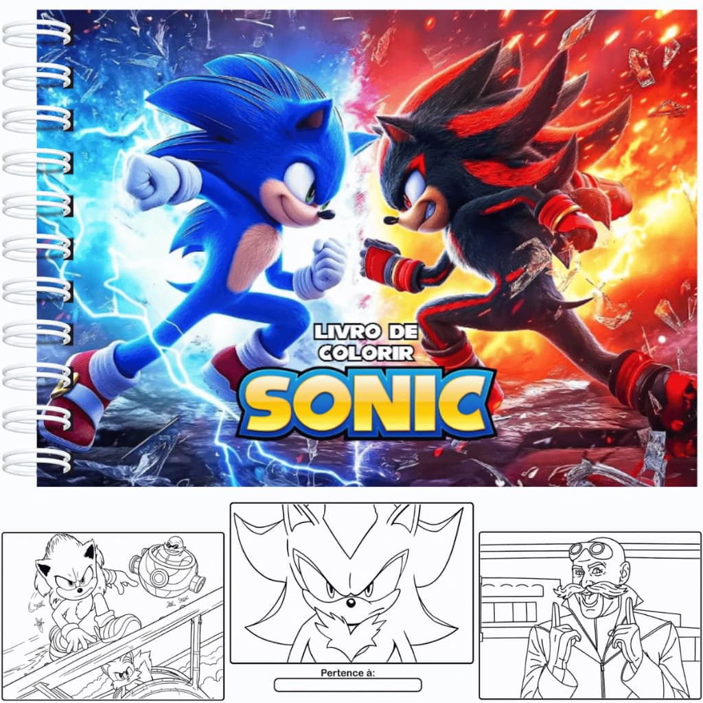 Livro de Colorir Sonic A5 Capa Dura 50 Páginas 180g + Acetato
