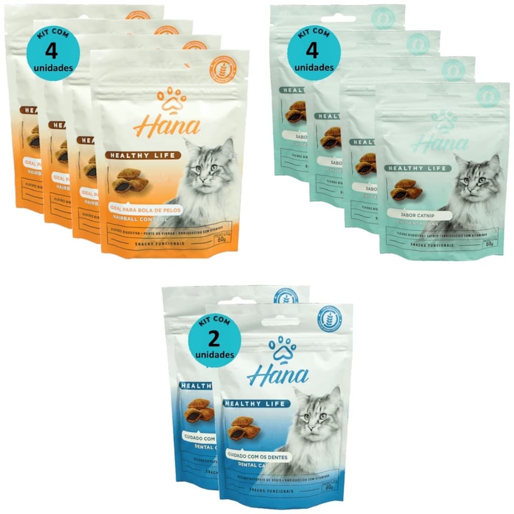 2 SNACKS HANA LIFE DENTAL CARE + 4 HAIRBALL CONTROL + 4 CAT SENSATIONS