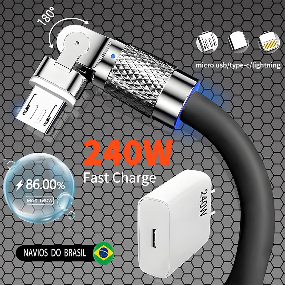 Carregador Super Rápido De 240 W Com 180 ° Cabo De Carregamento De Rotação Para Cabos Giratórios Micro USB iOS Tipo C CV
