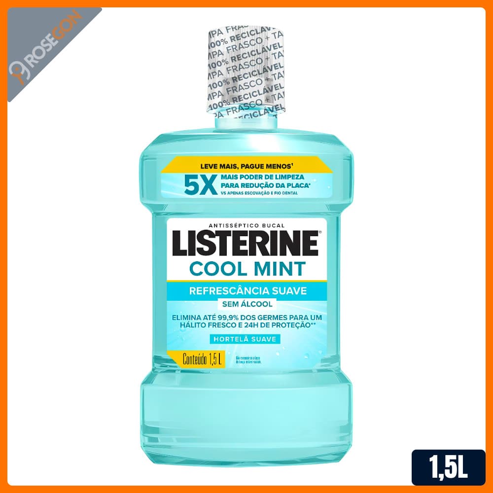 Enxaguante Antisséptico Bucal Listerine Cool Mint Refrescância Suave Sem (Zero) Álcool Menta Suave 1,5 litros