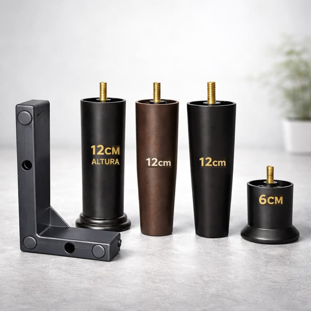 Pés Cama Box, Sofá, Puff Plastico PU Reforçado | 6cm ou 12cm | Kit 1 a 12 Peças | Preto/Marrom