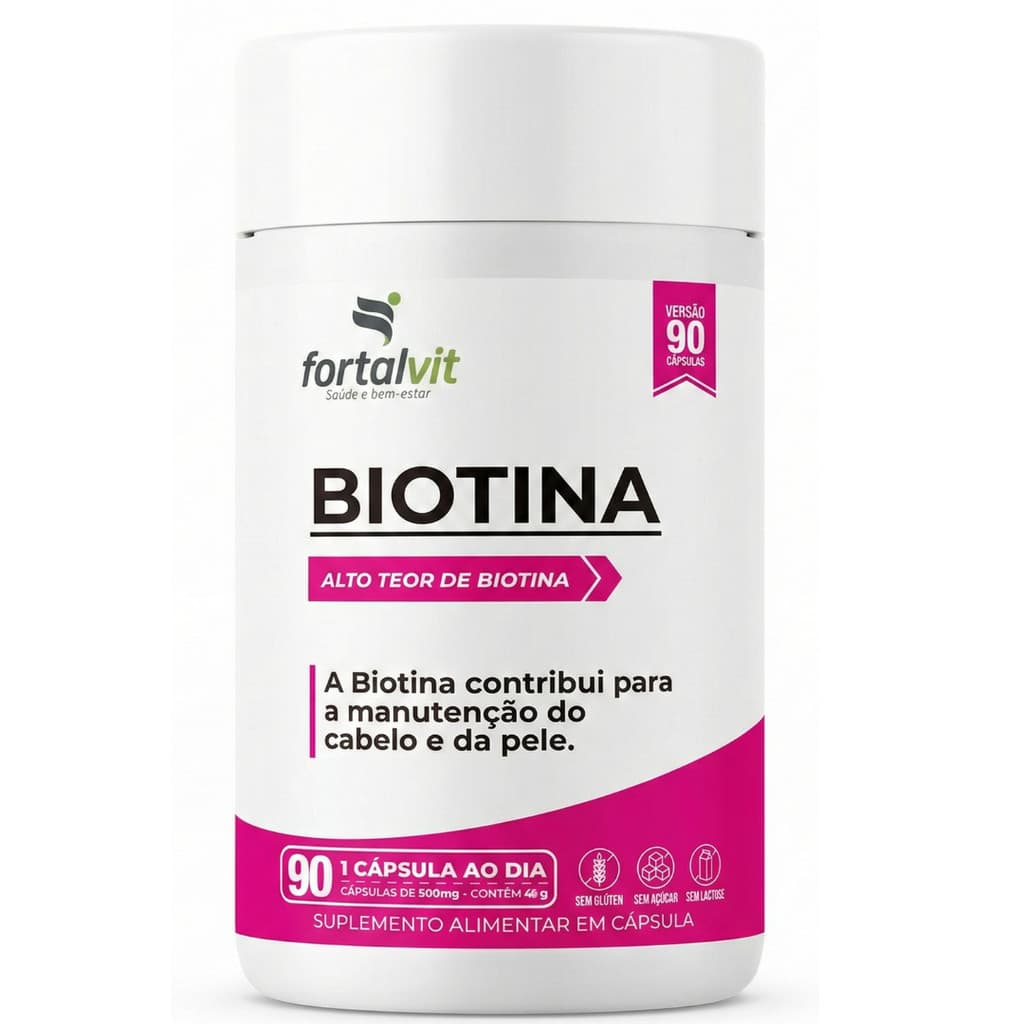 Biotina Pura 45mcg (150% VD) Dose Máxima, 90 Cápsulas, 3 Meses de Uso, Longa Duração, Fortalvit