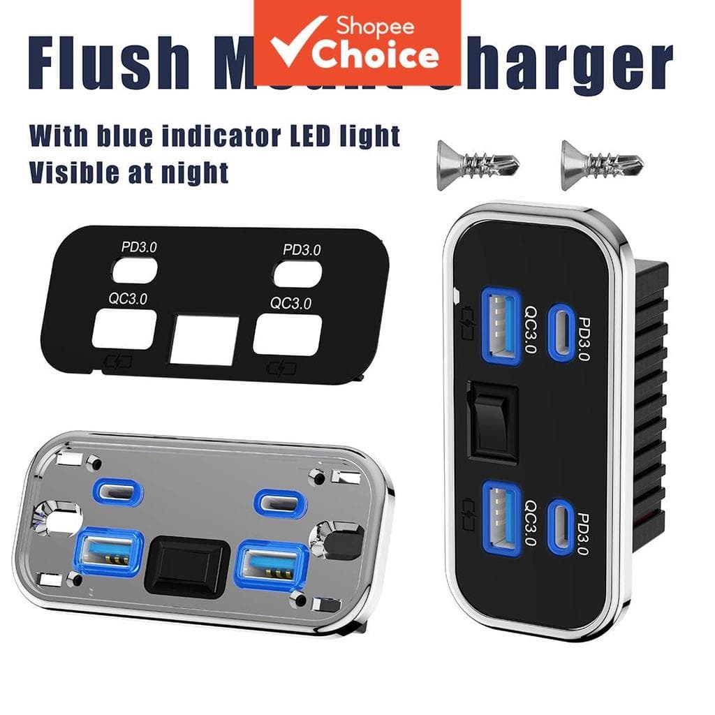  Carregador de carro à prova d'água QC 3.0 76W com dupla PD3.0 Tipo-C e QC3.0, 4 portas USB, carregamento rápido 12V/24V