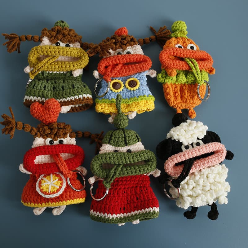 Super bonito dos desenhos animados mão-malha salsicha boca chave caso lã crochê puxar chave caso feito à mão boca grande