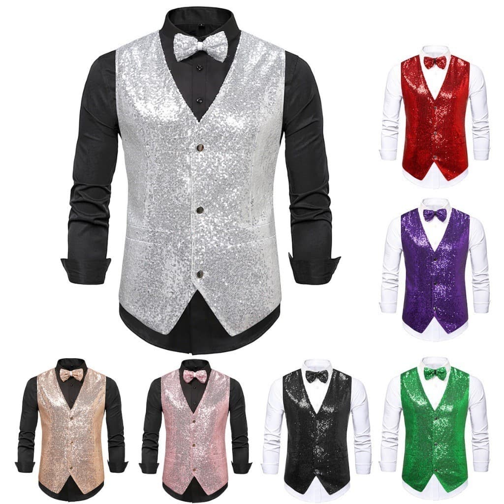 Coletes Masculinos Estilo Rua Brilhantes Dourados Slim Fit Prata Lantejoulas Terno Colete Roupas De Desempenho