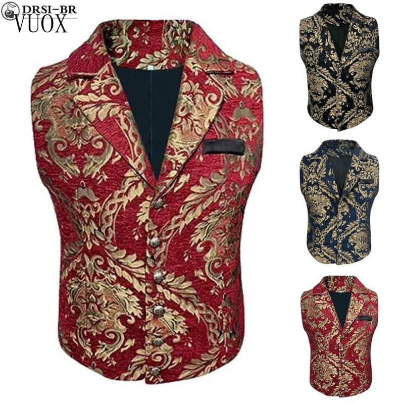 Colete Masculino com Botões e Padrão Decorativo, Sem Mangas, de Moda Masculina RNKL