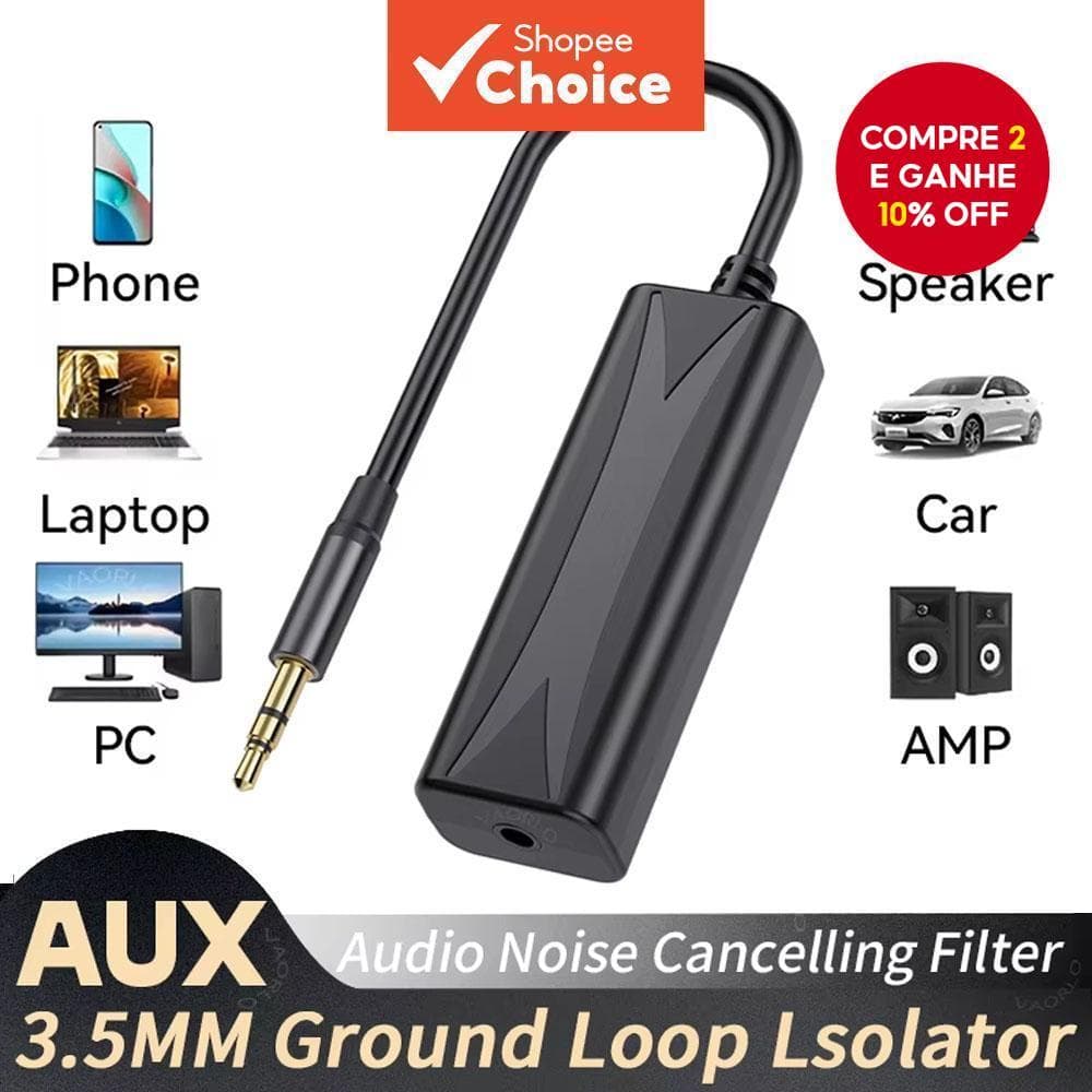  Filtro de Ruído de Áudio Auxiliar 3.5mm Isolador de Loop de Terra Elimina Zumbido para Sistema de Áudio Estéreo