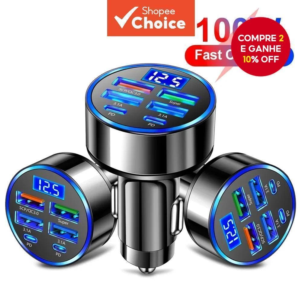 6 Portas USB C Carregador Rápido De Carro Detecção De Tensão Display Digital Móvel