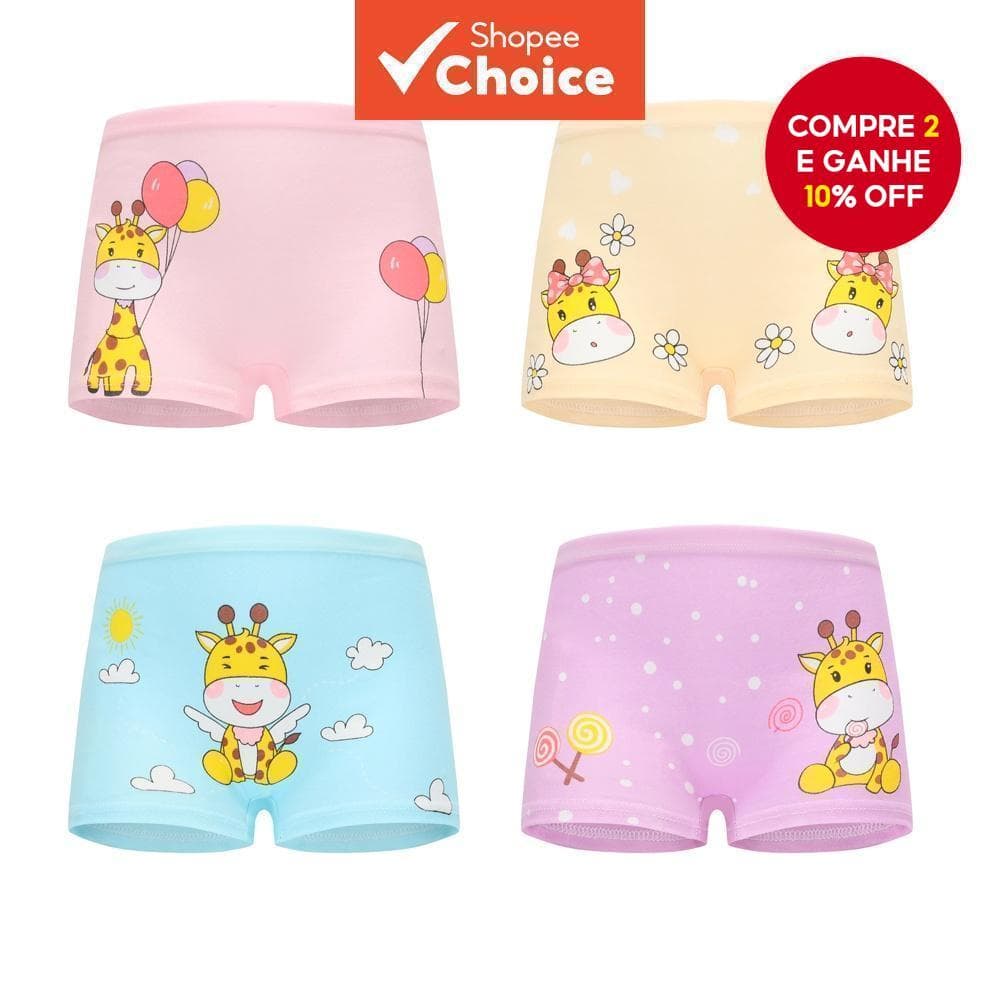 Pacote Com 4 Roupas Íntimas De Algodão Macio Para Bebês Meninas | Cuecas Boxer Girafa Fofas De Desenho Animado Idades De
