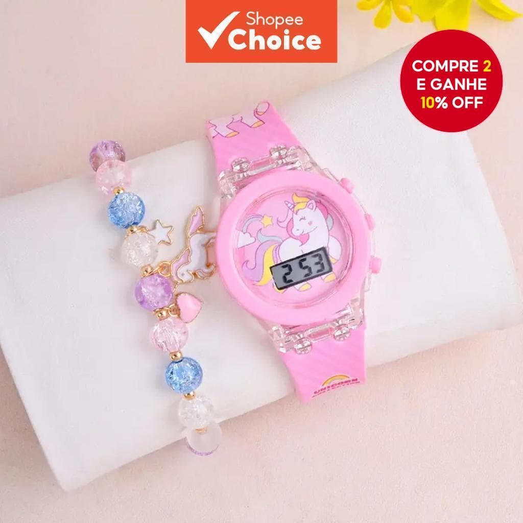 Meninas Novo Arco-Íris Unicórnio silicone Relógio Eletrônico Frisado Pulseira Conjunto 2 Pçs/set