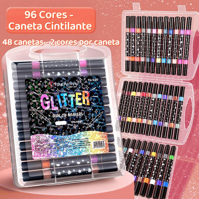 Caneta Marcadora Acrílica Bicolor de Dupla Ponta 96/72/48/36/24/12 Cores com brilho metálico