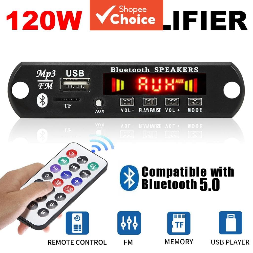 Amplificador 120W Bluetooth 5.0 Placa Decodificadora MP3 12V Viva-Voz Áudio Para Carro USB TF Rádio FM