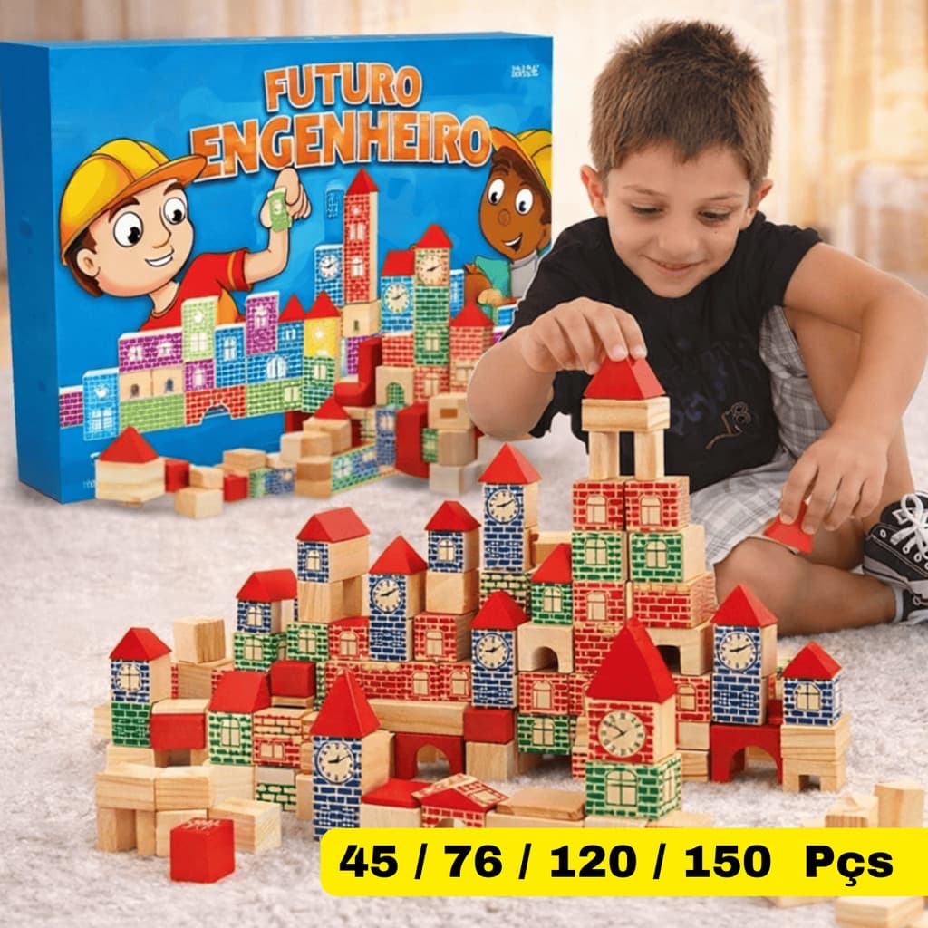 Brinquedo Educativo Blocos de Montar Madeira Brincando de Engenheiro Pedagógico Construção Castelo Pequeno Arquiteto