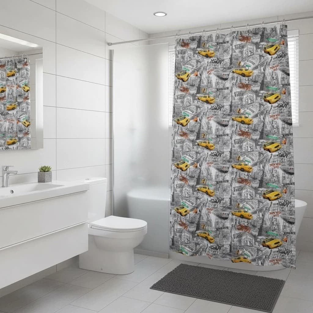 Cortina Box Banheiro PVC Antifungo Estampada NY Ganchos Divisória Chuveiro Impermeável Resistente