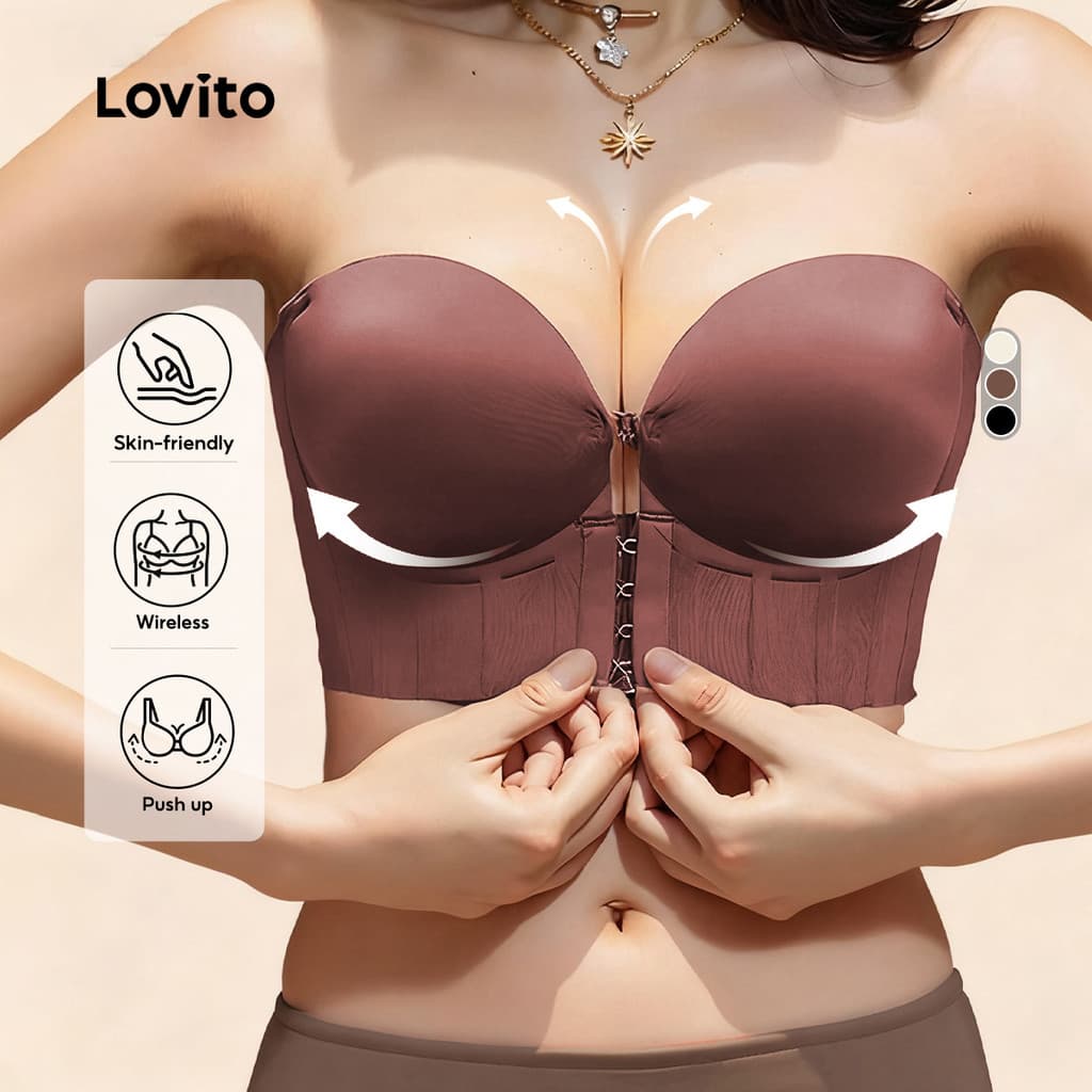 Lovito Sutiã Sexy de Malha Macia Sem Fio com Bojo Push-up Botão Frontal Sutiã Marrom para mulheres LNE117124