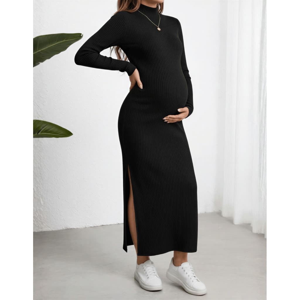 Vestido Longo Gestante Social Maternidade Canelado Gestação Gola Alta Gravidez Mel