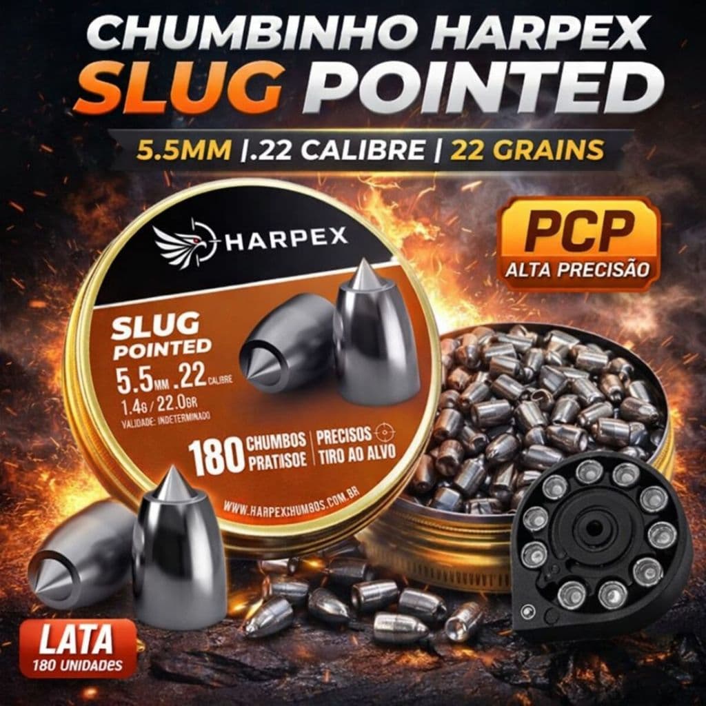 Chumbinho Harpex Slug Pointed 5.5mm .22 22gr Alta Precisão PCP – Lata 180un
