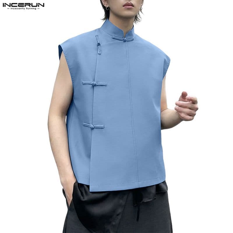 INCERUN Colete Masculino Estilo Nacional Coreano Com Gola Alta , Sem Mangas , Botão Sapo , Cor Sólida