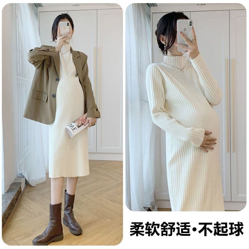 Com gola alta tricô interno bacalhau grande novo estilo comprimento médio outono inverno moda maternidade tamanho vestid