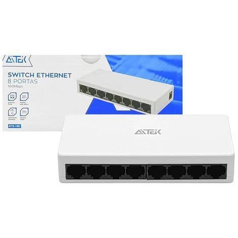 Switch Gigabit 8 Portas RJ45 10/100 Mbps AITEK ATS-108 Rede Estável para Casa e Escritório
