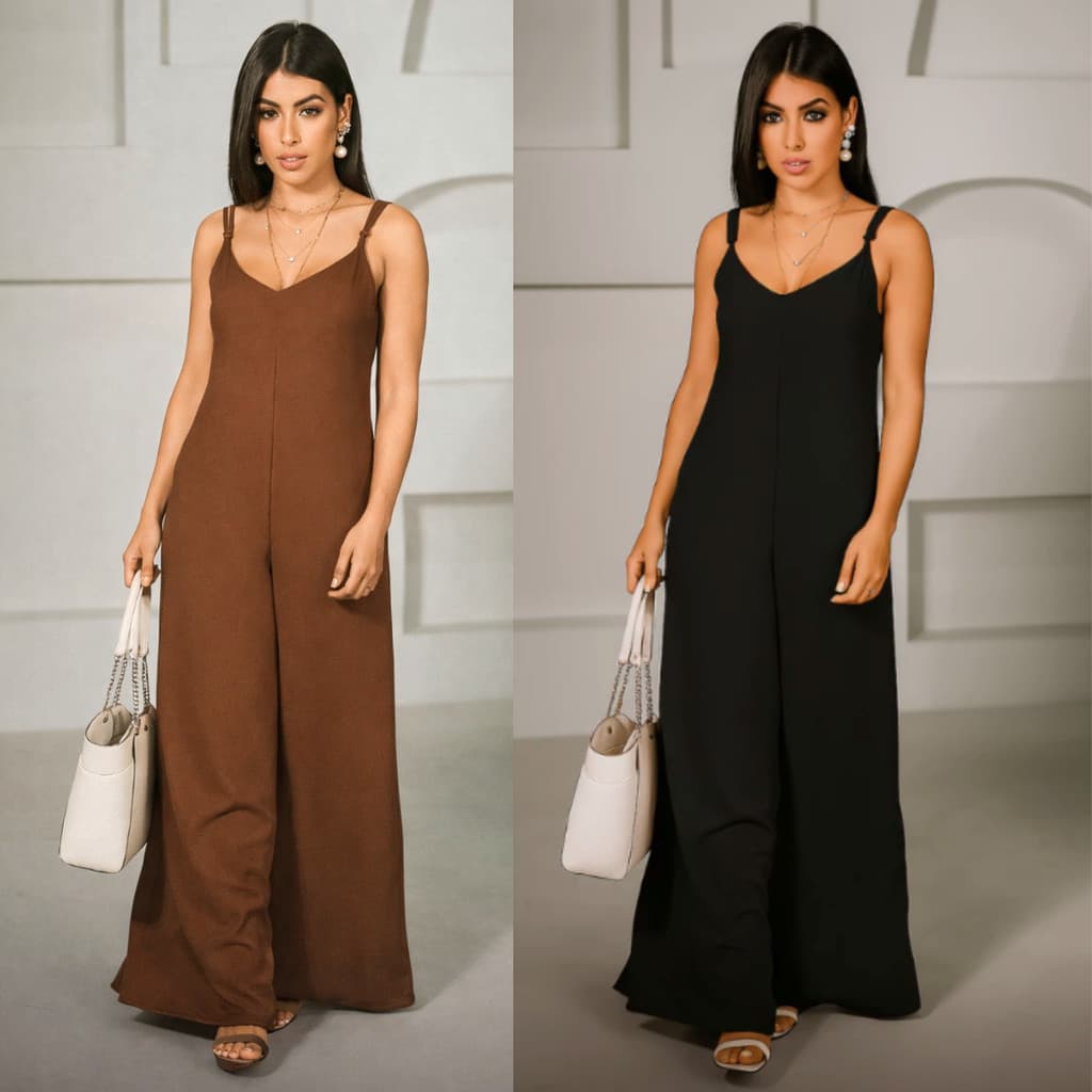 Macacão Feminino Pantalona Largo Alcinha Regulável Decote V P M G GG Tecido Duna Elegante Moda Verão Carnaval