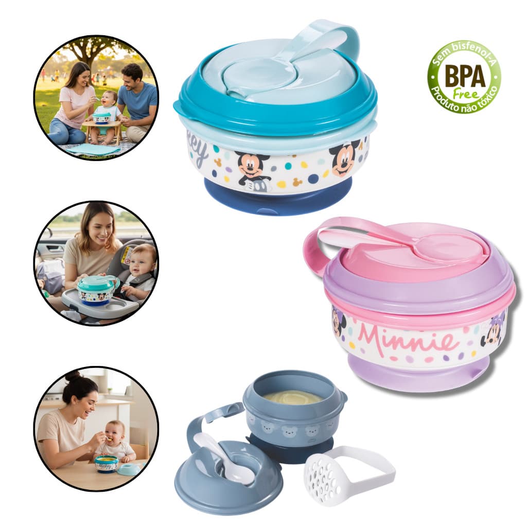 Pote papinha Minnei Mickey sopa c/ amassador ventosa para bebe introdução alimentar livre de BPA