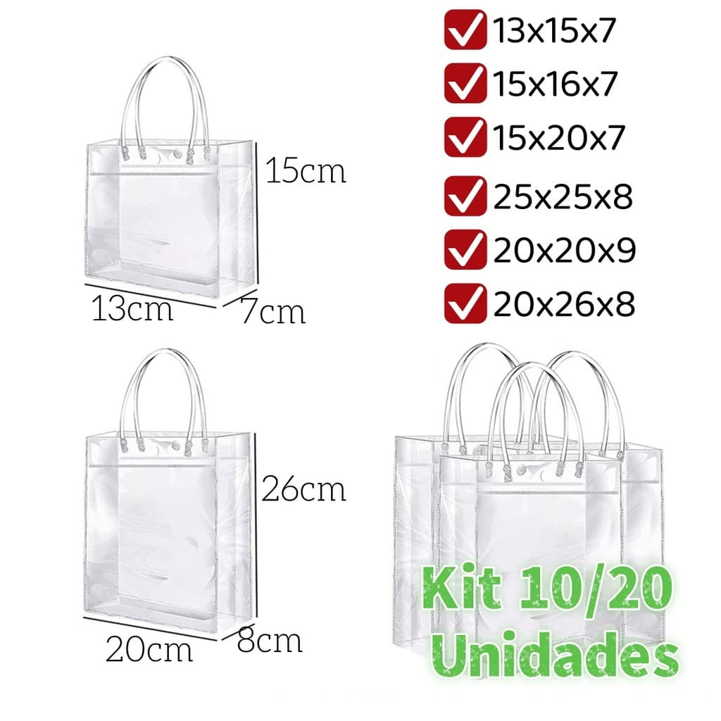 Sacola Presente PVC Transparente c/ Alça | Reutilizável | 10 ou 20 Un | 6 Tamanhos