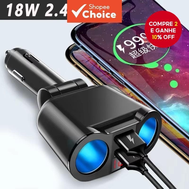  Carregador de carro com divisor, portas USB duplas, carregamento rápido QC 3.0, transmissor FM para carro 12V e tomada