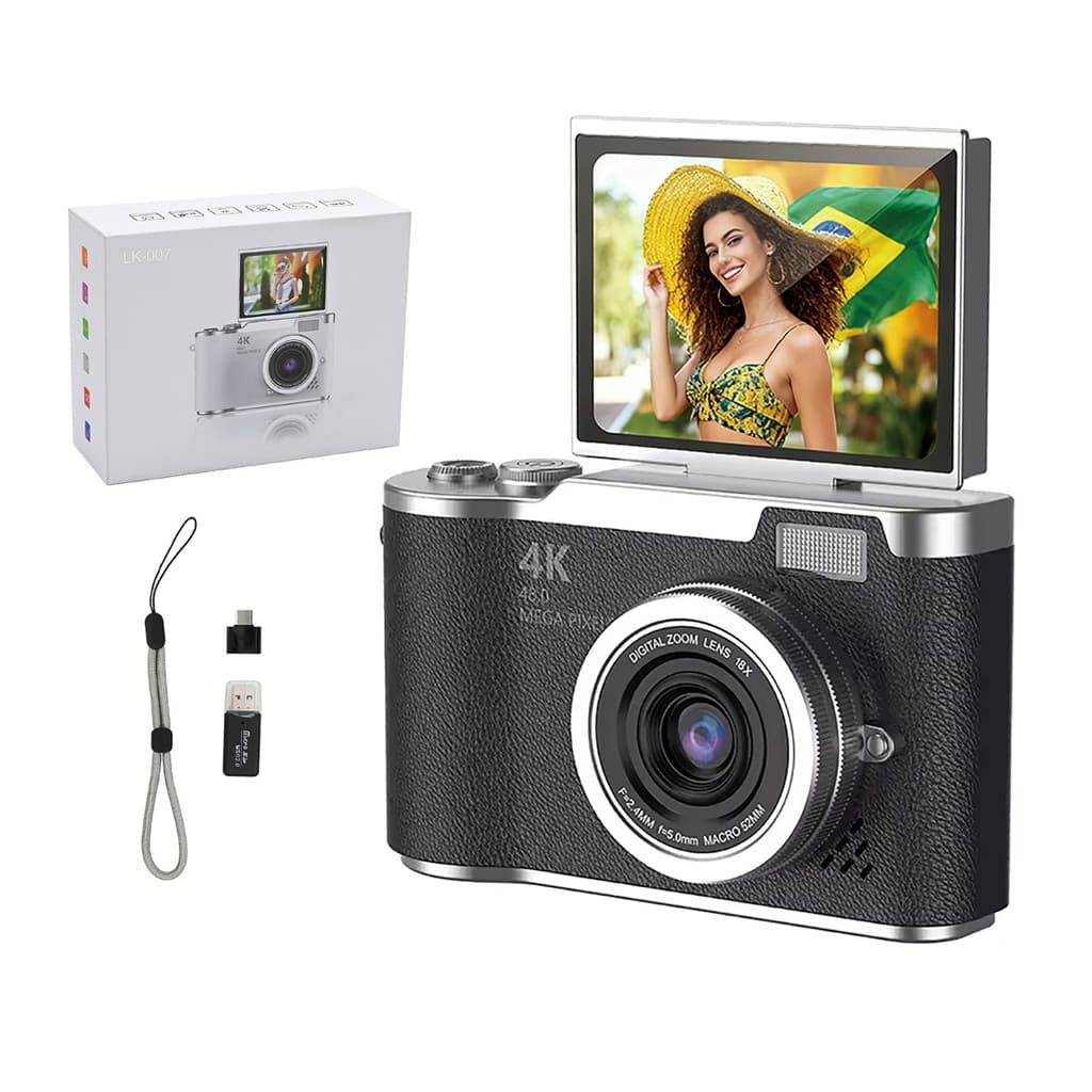 Câmera Digital 4K 48MP Retrô com Tela Giratória LCD Zoom 16X Vlog Foto e Vídeo HD Portátil