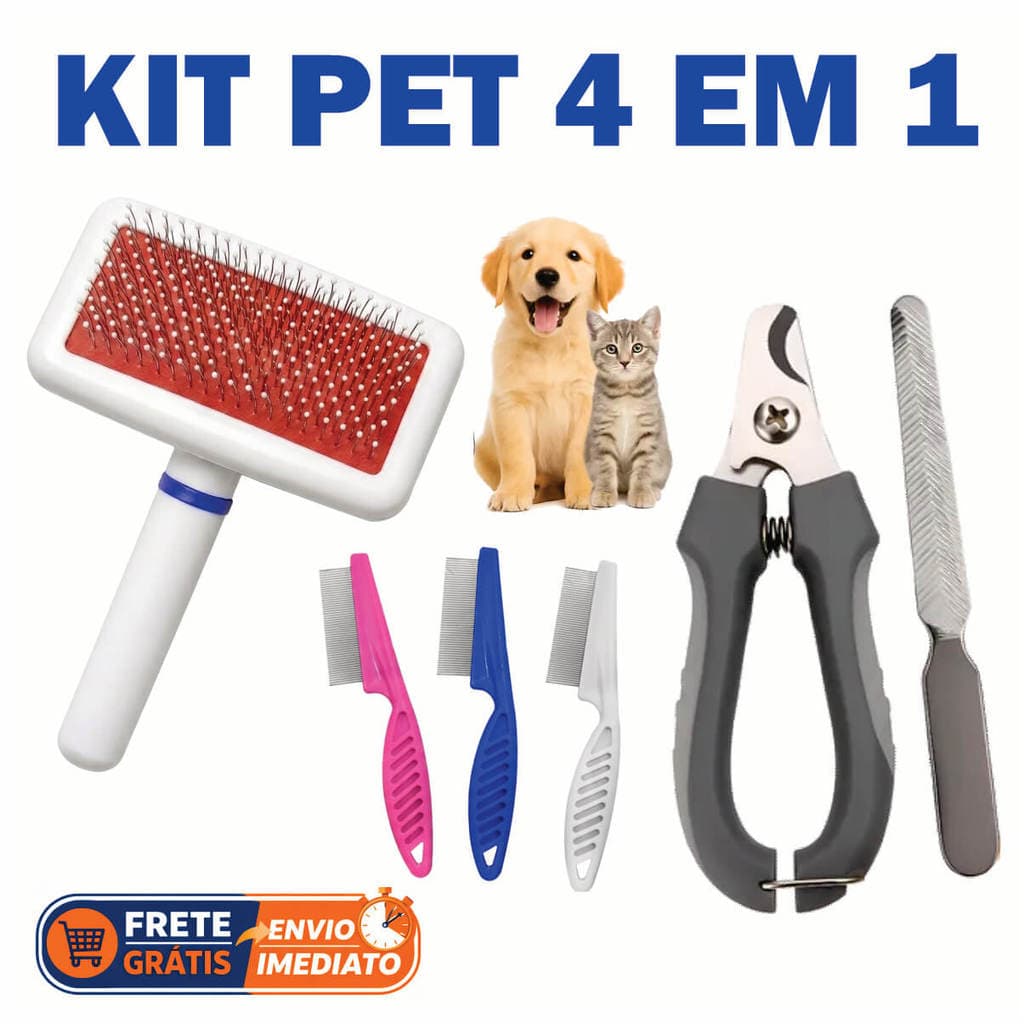 Kit Pet Alicate Cortador + Escova Rasqueadeira + Lixa Unha + Pente Anti pulgas - Cães Gato Filhote