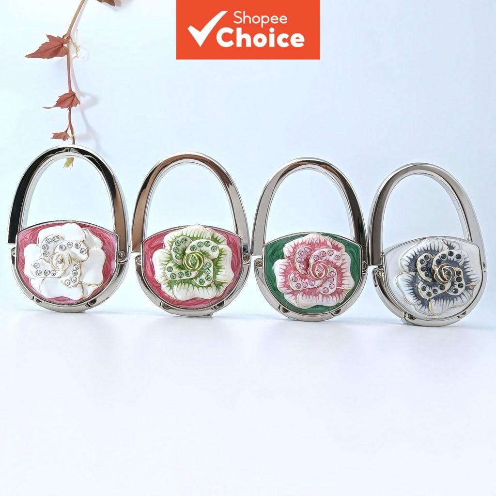  Gancho de Bolsa Dobrável de Liga de Zinco com Flor da Sorte de Diamante de Água, Acabamento em Tinta a Óleo com Pérola